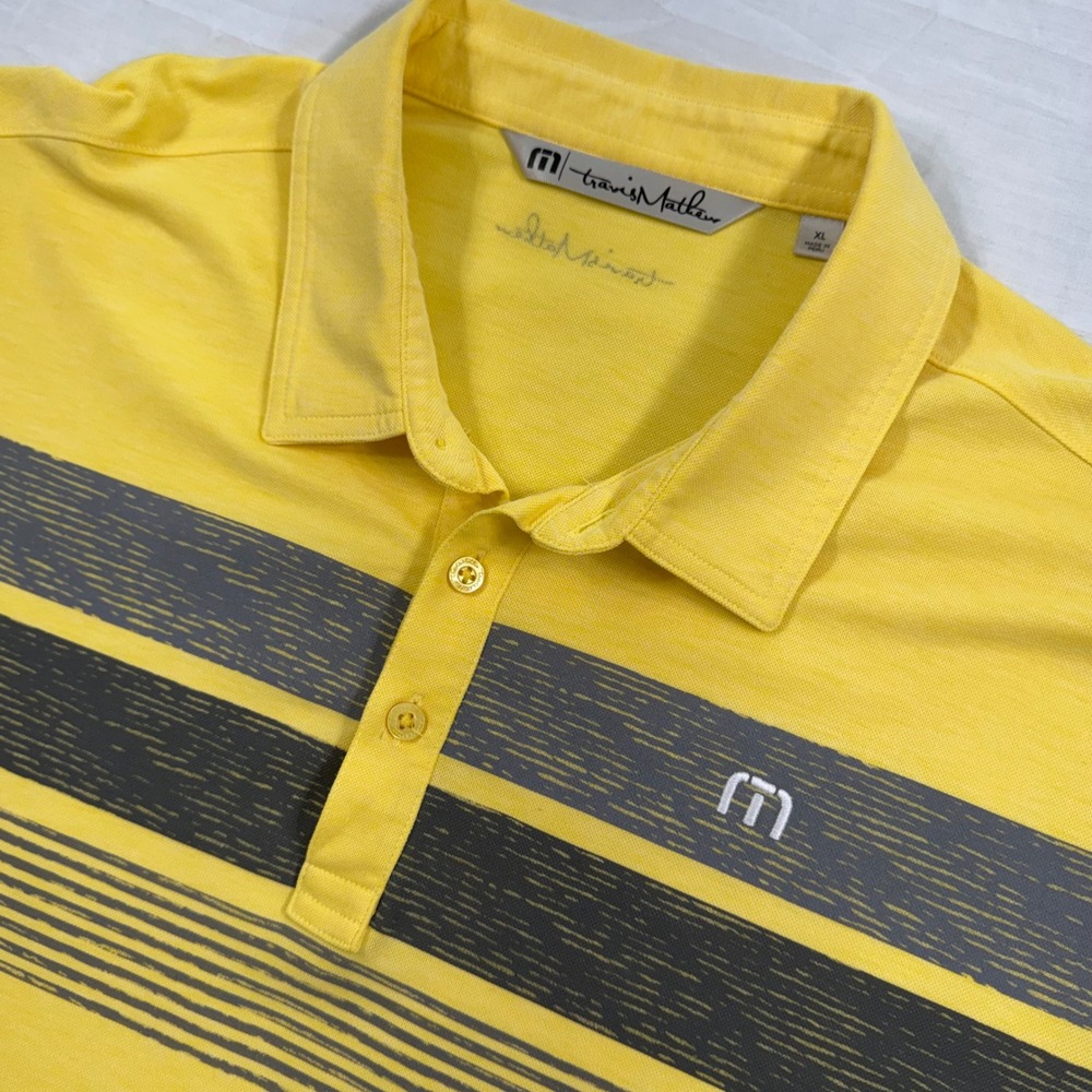 TravisMathew Polo Shirt Men XL Yellow Gray Striped Pima Cotton Blend S/S Golf